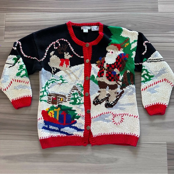 Vintage Raphels Hand Knit Skiing Santa Claus Cardigan Sweater - Picture 1 of 5